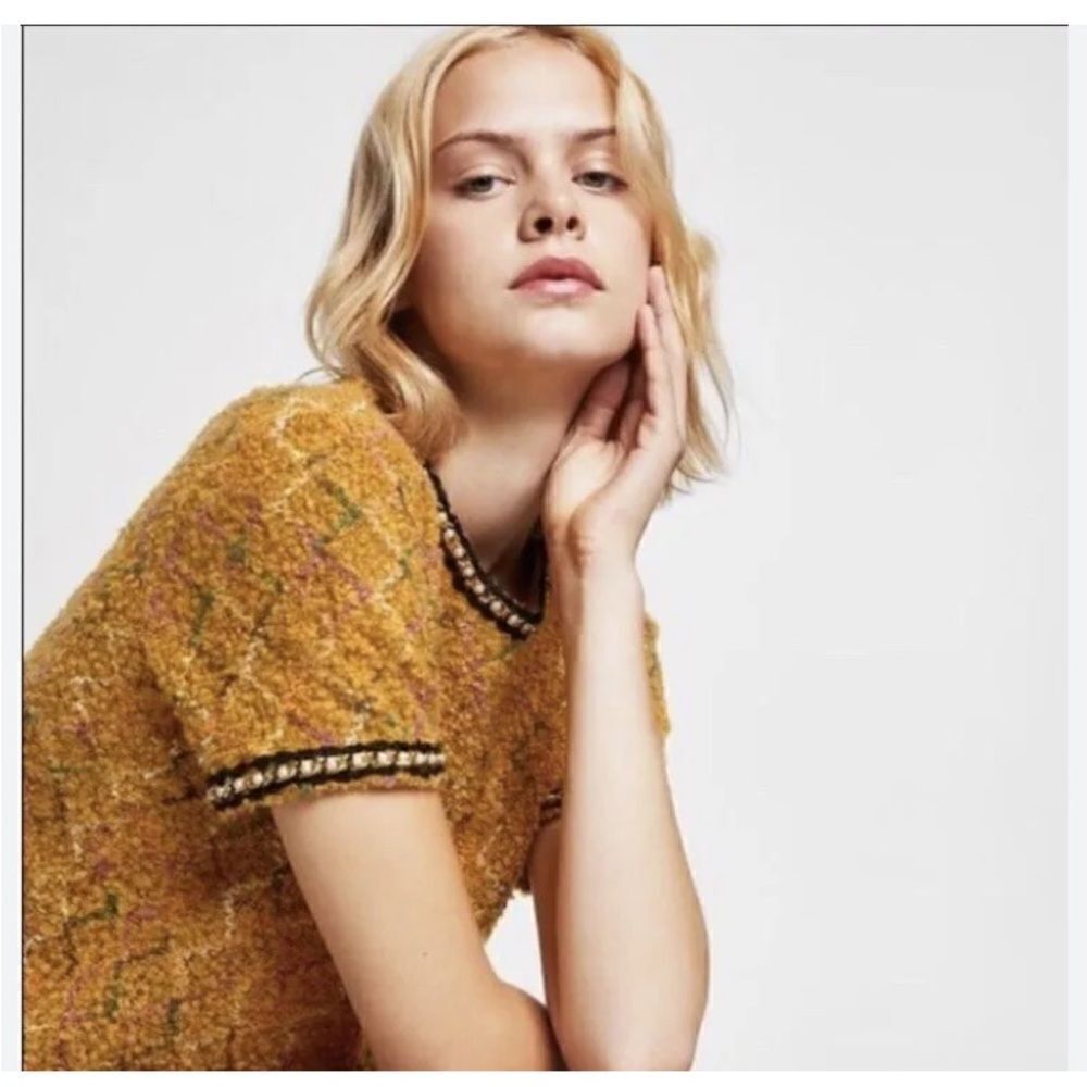 Zara Mustard Yellow Plaid Tweed Wool Blend Embellished Short Sleeve Top Sz 4 NWT